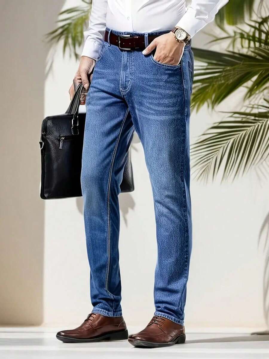 Men's Work Jeans, Durable Straight Fit, Everyday Office Pants - Màu xanh lam - Xem 1