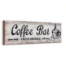 1pc, Retro "Coffee Bar" Wall Sign - Rustic Kitchen Decor, Fresh Brewed Theme, Buffet Board, Weathered Wood Design, Distressed White Background With Black Lettering, Coffee Cup Illustration, Perfect For Coffee Shops Or Home Decoration, Coffee Bar Accessories, 30*10cm(12*4inch)
