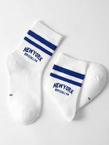 1pair Kids' Double Bar Letter Printed Sports Mid-Calf Length Socks, Suitable For Daily Outfits - Multicolor - View 3
