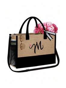 字母帆布手提袋套装，包含化妆包、洗漱包、钱包和个性化礼品袋，时尚休闲单肩包，适合婚礼、生日、海滩、度假、节日、上学等场合，是送给女性、妈妈、老师和朋友的绝佳礼物。 - 彩色 - 查看 35