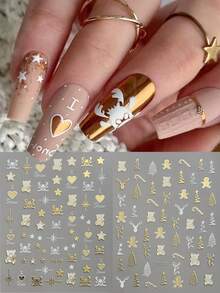 4张3D金色圣诞美甲贴纸，金属金色小鹿、小熊、雪花、星星图案，新年装饰美甲贴片 - 彩色 - 查看 3