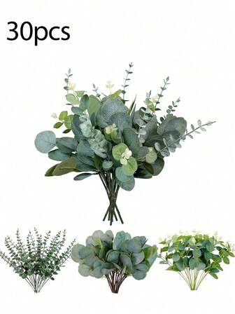 30/12/3 件人造桉树叶和树枝 - 3 种混合风格的逼真塑料绿色植物，适用于婚礼装饰、花瓶摆放、家居和派对中心装饰、耐用的仿生植物、无需维护、人造植物家居装饰、插花、装饰叶子、逼真的纹理，仅限活动策划者