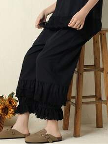 Women's Lace Embroidered Petticoat Long Pants, 100% Cotton, See-Through, Natural Color, Elastic Hem, Loose Fit, Comfortable, Cool, Spring, Summer, Autumn, Cute, Stylish, Simple, Casual Layering, Petticoat, For Women In Their 30s, 40s, And 50s - màu đen - Xem 1