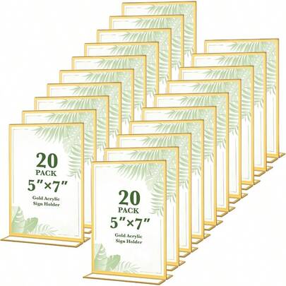 20 Pack Gold Acrylic Sign Holders 5x7 Inch Double Sided Vertical Stand Clear Picture Frames Table Menu Display Holders For Wedding Table Numbers Restaurant Signs Event And Office Photos