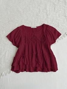 Rusttydustty 女士白色V领短袖叠层下摆衬衫，波西米亚风格，适合海滩、夏威夷音乐节和热带度假等夏季穿着 - 酒紅色 - 查看 4