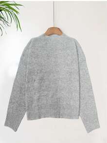 Plus Size Women Solid Color Long Sleeve Single-Breasted Casual Knitted Cardigan, Round Neck Shell Button Knit Sweater Jacket, Short Loose Comfortable Gray Sweater Top, Autumn/Winter - Grey - View 6