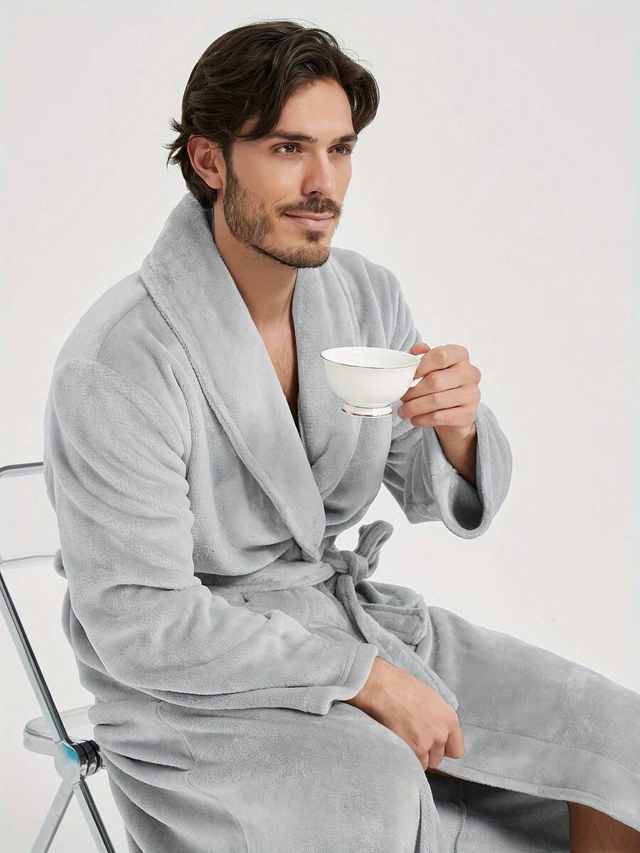 男士毛绒羊毛浴袍 - 舒适 V 领浴袍，配有可调节腰带和大口袋，可机洗，厚实保暖法兰绒，适合秋冬、居家休闲、浴袍、秋冬穿着，质地柔软 - 彩色 - 查看 1