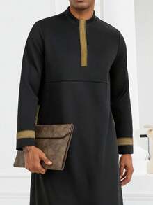 Kamisweat Muslim Men's Hooded Robe, Prayer Garment, Metal Decor Ribbon, Front Zipper, Side Pockets, Side Slits, Comfortable Long Dress For Vacation - Black - View 3