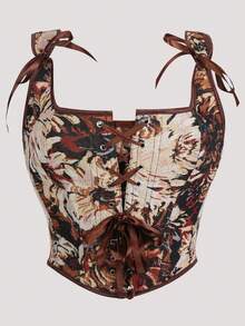 Corset, Corset For Women, Bodycon Top, Double Strap Design, Floral Print, Suitable For Daily Wear, Dating, Halloween Party, Shapewear Top For Women. - Apricot - View 10