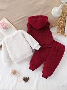 3pcs Baby Girls Fashion Casual Heart Embroidery Fleece Hooded Vest, Heart Embroidery Fleece Pullover Top And Ribbed Cuff Pants Set, Autumn/Winter - Burgundy - View 3