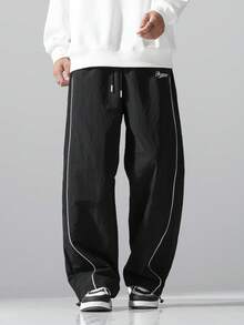 Herren Buchstaben-Muster Kordelzug Taille lockere lässige lange Hose, geeignet für Straße, Alltag, Outdoor, Laufen, Fitness, Freizeitsport - Schwarz - Übersicht 2