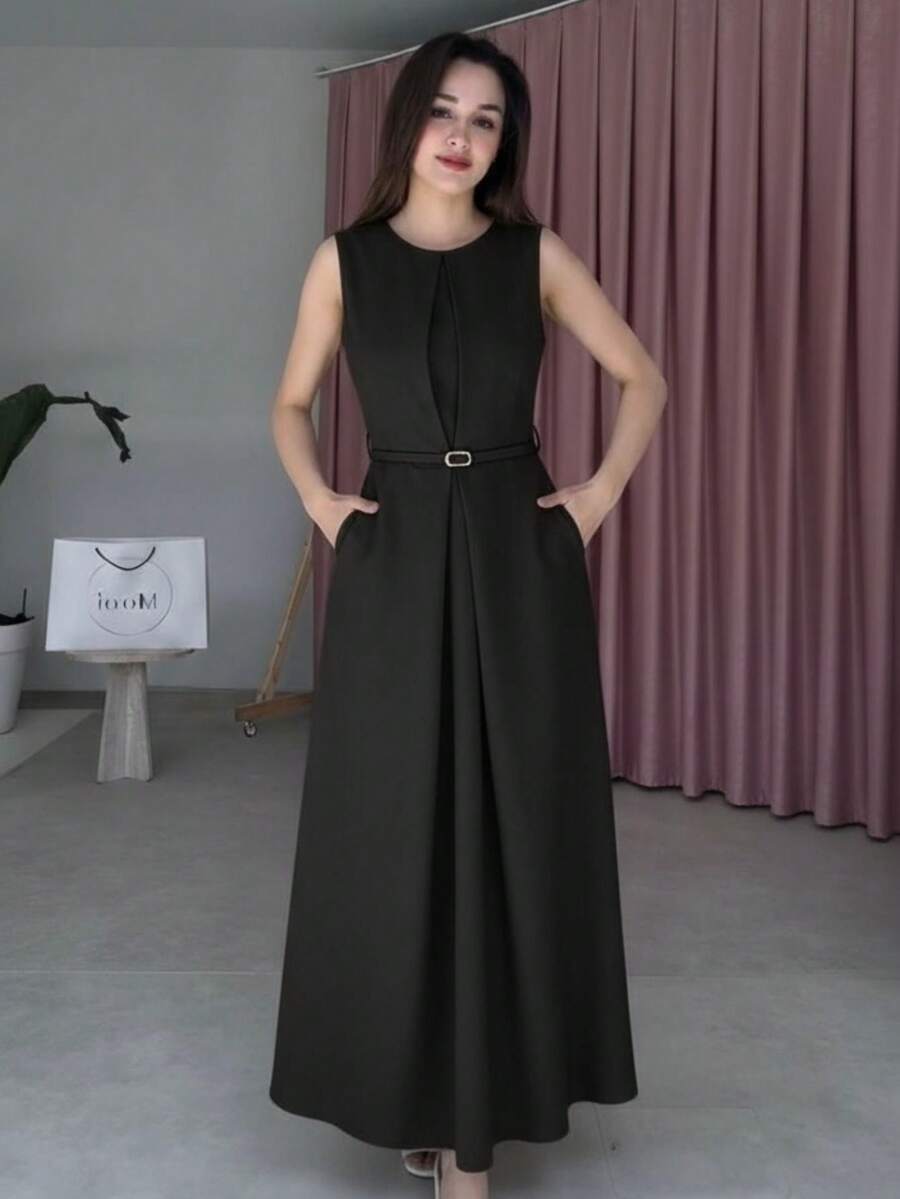 Classic Women's Sleeveless Long Elegant Sensory Dress With Pockets, A-Line Hem, Fitted Waist And Belt - 黑色 - 查看 1