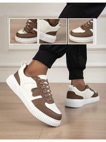 Neue modische Damen Lässig Schuhe für Herbst/Winter, weiß & braun neutrale stilvolle minimalistische Sneaker, zweifarbige Patchwork Lässig Skaterschuhe, Schnürsenkel Sneaker mit dicker Sohle, Unisex-Design - Braun - Übersicht 7