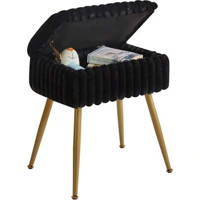 Vanity Stool With Storage Faux Fur Vanity Chair Footrest Ottoman Multifunctional Makeup Vanity Chair For Bedroom Black YDMS151B