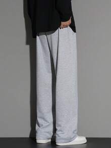 1pc 男士抽绳腰宽松阔腿休闲运动裤，秋冬 - 淺灰色 - 查看 3