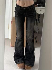 Women Bell Bottom Jeans Stretchy Flare Mid Rise Embroidery Vintage Denim Pants 90s Outfits Y2k Clothes - Black - View 2