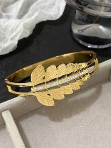 1 pièce Bracelet épais ajouré en forme de feuille pour femmes, bracelet jonc doré en acier inoxydable. Bracelets pour usage quotidien, fête, anniversaire, Noël, cadeaux de bijoux - Multicolore - Voir 11