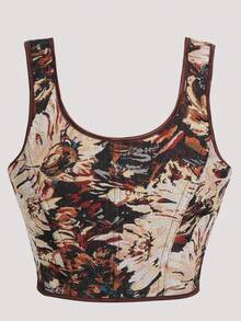 Corset, Corset For Women, Bodycon Top, Double Strap Design, Floral Print, Suitable For Daily Wear, Dating, Halloween Party, Shapewear Top For Women. - Apricot - View 4