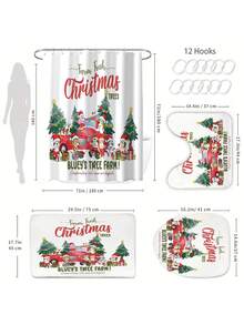 [Christmas Bluey Shower Curtain Window Curtain Set] 1/3/4pcs Christmas Solid Color Santa Hat Bluey Family And Friends Holiday Pattern Printed Shower Curtain Set, Modern Design, Suitable For All Seasons, Waterproof Polyester Hooks And Lining, Flannel Material, Soft Surface, Absorbent Anti-Slip Bathroom Mat, Bathroom Set Includes U-Shaped Mat, Toilet Mat, Anti-Slip Bathroom Mat And Bathroom Accessories, Home Decor, Holiday Decor, Christmas Gift, Daily Decor, Gift Giving