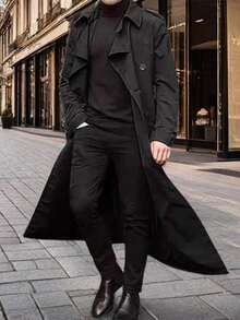 Men's Autumn Winter Long Coat Long Sleeve Lapel Solid Color Belted Windbreaker Jacket - 黑色 - 查看 2