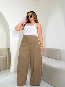 A&DD MODA, REF: H928(PLUS SIZE)Women's Striped Pants, High Waist Pants, Casual Straight Pants, Wide Leg Pants, Elegant Casual Look, Everyday Pants, Modern Style, Women's Striped Pants, Comfortable And Sophisticated Look, Work Pants, Uncomplicated Look, Lightweight Fabric Pants, Comfortable Women's Pants - 棕色 - 查看 4