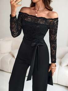 ChicMe Damjumpsuit med långa ärmar och kontrastfärgad spets, dragkedja i midjan, elegant, avslappnad enfärgad jumpsuit, lämplig för dejter och affärstillfällen - Svart - Visa 4