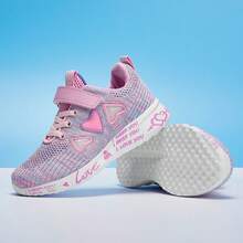 Kids' Lightweight Breathable Mesh Sneakers, School/Running Shoes, Hook-And-Loop Closure, Comfortable & Easy To Wear, Spring/Autumn - Pink - View 3
