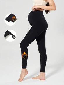 1 pièce Collants de maternité noirs avec doublure thermique, couleur unie, mode, taille ajustable, convient pour le port quotidien, automne/hiver - Multicolore - Voir 10