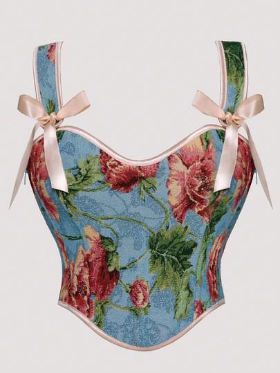 Corsetto da donna stile rinascimentale, scollo a V quadrato, allacciatura in pizzo, stampa floreale, controllo addominale, vita sottile, corpetto imbottito con zip, corsetto con stecche