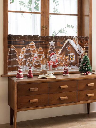 1 pieza Cortina decorativa de ventana de cocina con atmósfera de muñeco de nieve, reno y árbol de Navidad, cortina translúcida pero no transparente, adecuada para sala de estar, dormitorio, puerta, ventana de cocina, reducción de ruido, cortina de decoración navideña