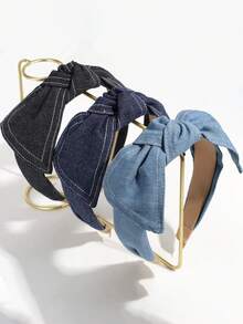 3/1pc Simple Versatile Denim Headband With Bow Knot Wide Hairband, Suitable For Daily, Commute, School, Work
