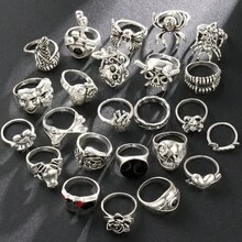 24 Pieces/Set Of Dark Style Hip-Hop Skull Spider Card Exaggerated Retro Rings, Punk Style Rings, Can Be Stacked And Matched By Yourself, Suitable For Wearing At Theme Events And Gatherings - 彩色 - 查看 4