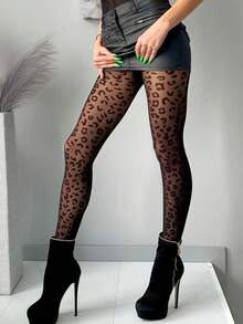 1 đôi tất họa tiết da báo mềm mại, gợi cảm, thân thiện với làn da cỡ lớn dành cho nữ làm quà tặng Giáng sinh - màu đen - Xem 2