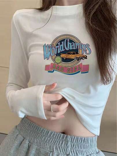 เสื้อยืดคอกลมแขนยาวลายตัวอักษรสาวฮอตอเมริกันพิมพ์ลายตัวอักษรใหม่ฤดูใบไม้ผลิและฤดูใบไม้ร่วงเสื้อผ้าเข้ารูปทรงสลิมสั้นสำหรับสตรี