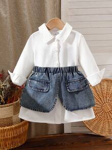 مجموعة فستان قميص أكمام طويلة وتنورة ميني جينز للبنات الرضع، طراز راقي وأنيق