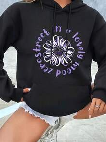 Women's Fashionable Black Hooded Sweater With Purple Floral And Letter Pattern Print - Warm Long-Sleeved Pullover, Casual Strap-On Hooded Sports Shirt, Suitable For All Seasons, Casual Pullover Shirt