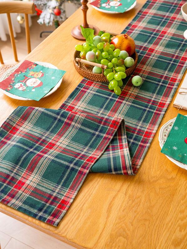 1pc Vintage Green Plaid Table Runner, Woven Rectangular Tablecloth, Washable, Suitable For Sideboard, Shoe Cabinet, Dining Table, Home Decor, Room Decor, Farmhouse, Kitchen, Dining Room, Party, Holiday, Christmas, New Year, Autumn Decoration