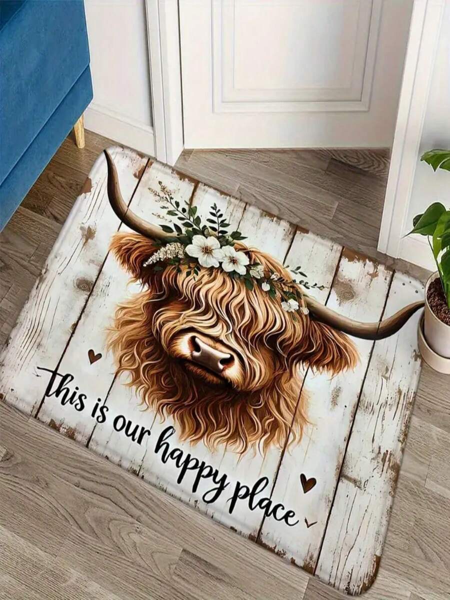 1 pieza Nuevo felpudo de estilo campestre con estampado de vaca de madera, adecuado para sala de estar, dormitorio, interior - Lavable a máquina - Material de franela, envoltura delicada, amigable con la piel, sin pelusas, resistente al agua Fácil cuidado, inodoro - Ideal para decoración del hogar, decoración de la habitación, alfombra de sala de estar, alfombra de dormitorio, alfombra de baño, alfombra de cocina, alfombra de área, decoración de hotel - Alfombra de área, uso en todas las estaciones.