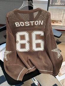 Plus Size Women's Summer Couple Matching Plus Size Loose Sweatshirt, Numeric Print Casual Relaxed Style Outerwear, Elegant Sheer Knit Top Spring - Coffee Brown - View 3
