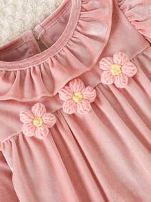 Baby Girls Cute Floral Ruffle Collar Solid Color Long Sleeve Velvet Jumpsuit - Pink - View 8