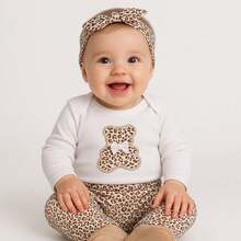 Sempre Bebê Baby Girl Clothes Set Kit, Female Long Sleeve Bodysuit, Blogger Pants, Outfit, Bear, Leopard Bow Set - 米色 - 查看 5