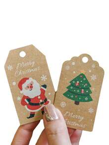 100pcs Christmas Decoration Hang Tags Santa Claus Gift Box Decor Small Cards Bouquet Hang Tags With Strings For Christmas Packaging, DIY Christmas Gifts