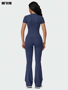 Bộ đồ thể thao 2 mảnh MFVIM dành cho nữ, áo tay ngắn và quần ống loe cạp cao, màu trơn, dáng ôm, bộ đồ thể thao ngoài trời năng động, phù hợp cho mọi mùa. - Màu xanh hải quân - Xem 4