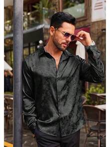 Mens Satin Dress Shirts Long Sleeve Silk Shirt Shiny Luxury Button Up Floral Shirt Party Prom Wedding Shirtshalloween - 黑色 - 查看 9