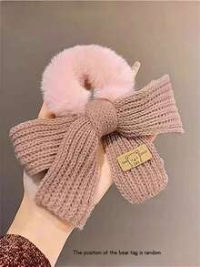 1个女士针织蝴蝶结毛绒发圈，优雅发饰，适用于马尾辫、发髻，发圈，头饰，化妆家居健身女士配饰头饰