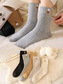 5 Pairs Women's Plush Thickened Warm Socks With Heart Pattern Design, Marled Color, Ideal For Daily Wear, Mid-Calf Length