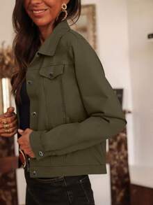 女式夹克外套，休闲学院风办公室通勤复古街头纽扣装饰牛仔效果夹克，适合日常/大学/办公室/旅行/机场装必备 - 橄欖綠 - 查看 5