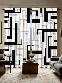 2 件抽象黑白几何方形数码印花窗帘，半透明窗帘，用于保护卧室和客厅的隐私 - 彩色 - 查看 2