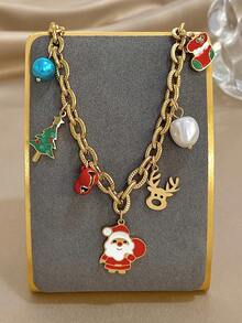 1 Pc Santa Claus Charm Necklace For Women Cute Pendant Stainless Steel Chain Necklace Daily Party Jewelry Christmas Gifts