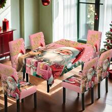 1/4/5/6/7/36 pièces Ensemble de housse de chaise/housse imprimé Père Noël tenant une boîte-cadeau et renne, convient pour la maison, le restaurant, l'hôtel, idéal pour la décoration quotidienne moderne. La nappe s'adapte à une table de salle à manger carrée, la housse de chaise élastique est lavable.